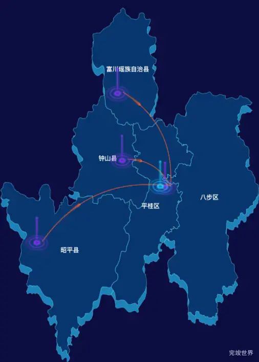 echarts贺州市地区地图geoJson数据-飞线图